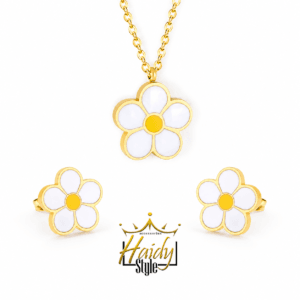 White yellow Flower Set Necklace and Earrings Stainless steel Golden Color
