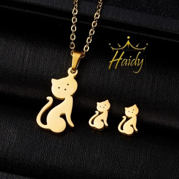 Cute Cat Necklace and Earrings Set Stainless steel Golden Color