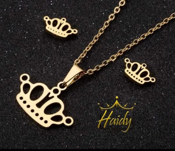 Crown Necklace and Earrings Set Stainless steel Golden Color