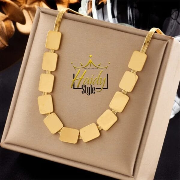 Necklace Bracelet wide chain with large rectangles stainless steel gold plated