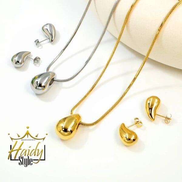 Necklace and earrings teardrop stainless steel gold plated or silver color