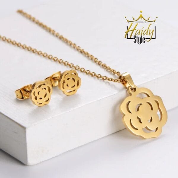 Necklace and earrings big rose flower stainless steel gold plated
