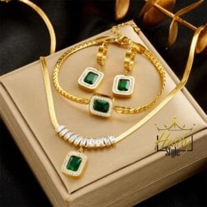 Necklace Bracelet and Earrings Set Zircon 18K Gold plated Stainless steel