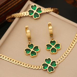 Emerald Clover Bracelet Necklace earrings 18K Stainless steel gold plated Green Zirconia
