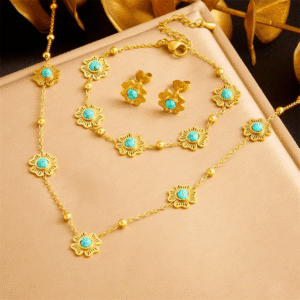 Forget-me-not Bracelet Necklace Earrings 18k gold plated Turquoise