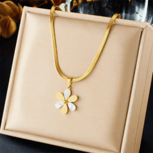 Daisy white and gold Necklace Earrings Stainless steel 18K Gold plated
