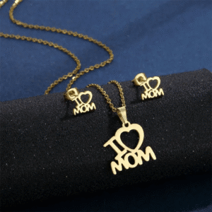 I Love Mom Necklace and earrings Set Stainless steel 18K Gold plated