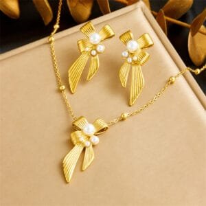 Bow knot Ribbed with pearls Necklace and Earrings Stainless steel 18K Gold plated