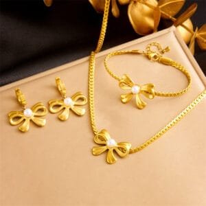 Bowknot accented peal Necklace Bracelet Earrings Set Stainless steel 18K Gold plated