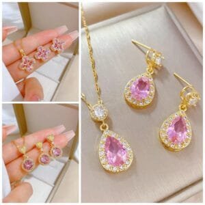 Necklace and earrings Pink Zirconia Stainless steel 18K Gold plated