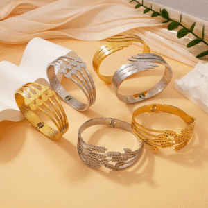 Wide Bangle with a harmonious repeating design Stainless steel 18K gold plated or Silver