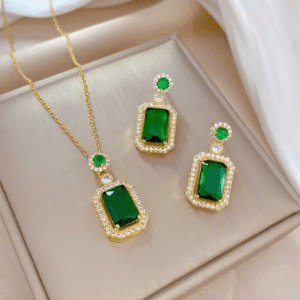 Elegant Necklace earrings 18K Gold Plated Green Zirconia Set