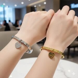 Forever Love Engraved Heart Tag Bangle Stainless steel 18K Gold plated or silver