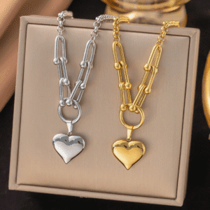Necklace Puffy Heart with Bold U-Link Chain Stainless steel 18K Gold plated or Silver