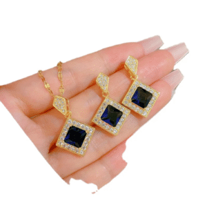 Necklace Earrings Set zircon blue Stainless steel 18K Gold plated