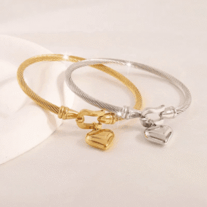 Cable Bangle with Heart Charm Stainless Steel 18K Gold plated
