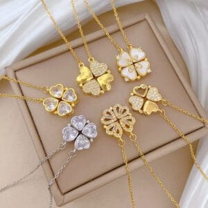 Necklace 2-in-1 Transformable Clover Heart Titanium steel 18K Gold plated zirconia
