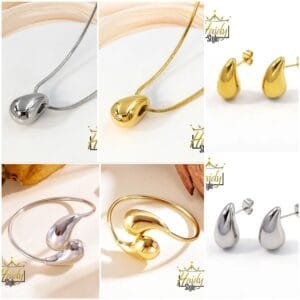 Bangle Necklace and earrings teardrop stainless steel gold plated or silver color