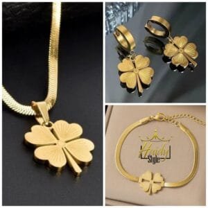 Necklace Bracelet Earrings Set four leaf clover 18K Gold Plated Stainless Steel