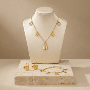 Necklace bracelet Earrings Lock and delicate floral motifs stainless steel 18K gold plated