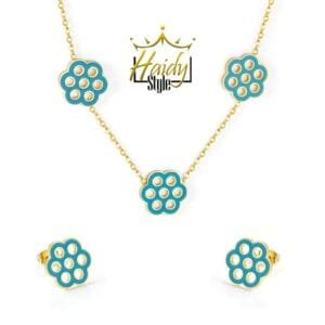 Green Flowers Set Necklace and Earrings Stainless steel Gold plated