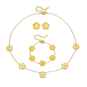 Sunburst Flower Necklace Bracelet Earrings Set Stainless steel 18K Gold plated