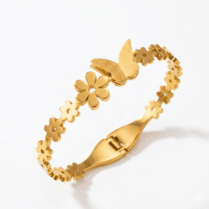 18K Gold-Plated Stainless Steel Butterfly & Blossom Bangle