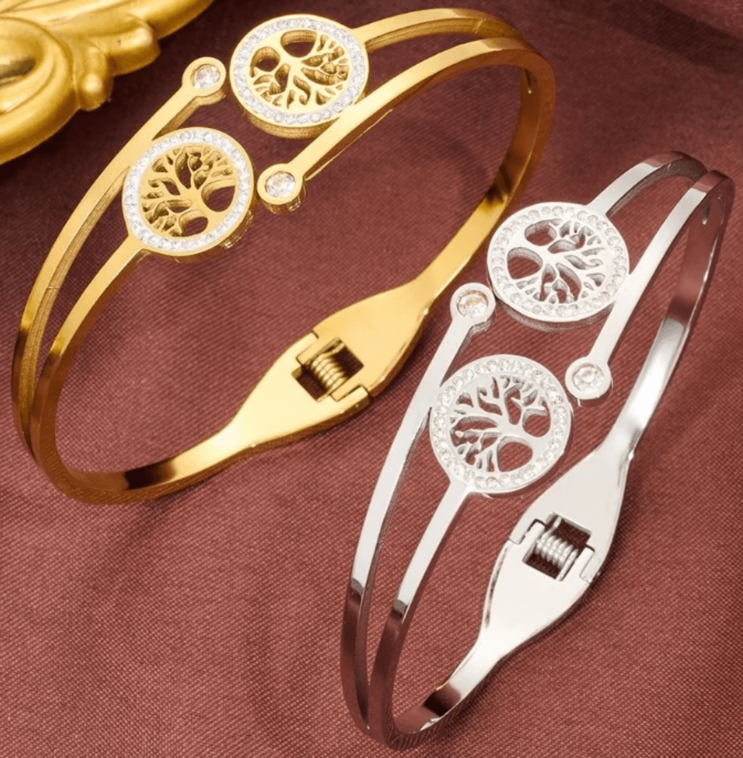 Bangle Tree of life Stainless steel Golden color Cubic Zircon